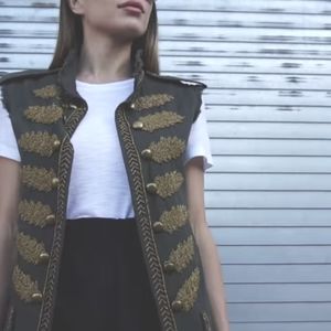 Zara Embellished Waistcoat olive green Military sleeveless vest jacket SZ XS